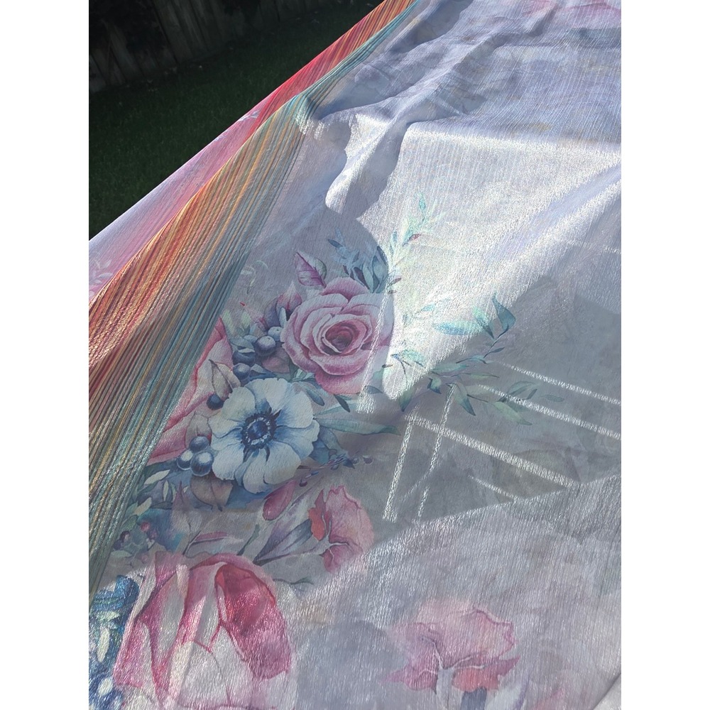 Lavender Floral Scarf Metallic Lurex Shimmer Pink Rose Rainbow Stripe Border - Picture 6 of 7